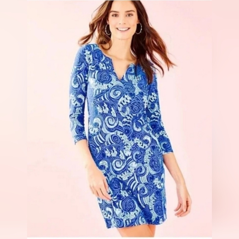 Lilly Pulitzer Women's Sophiletta Dress 3/4 Slevee In Blue Grotto UPF 50+ Sz S